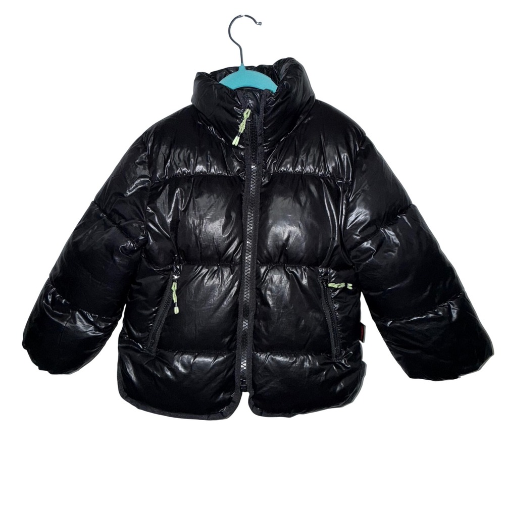 Kids Shiny‎ Black Puffer Jacket Stand Collar Zip Front Padded Coat